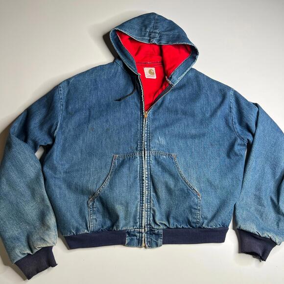 80s Vintage Carhartt Workwear Denim Bomber Jacket L Scovill Zipper Red Lined